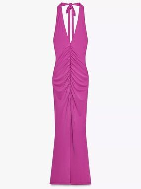 Zara ruched pink fuschia purple long dress gown halter size small 5039/426/628